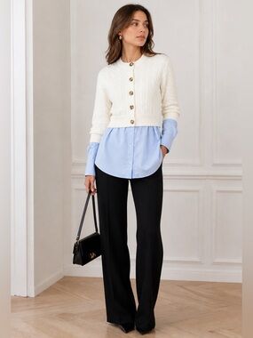 Alexander Wang Bi-Layer Layered Cotton Blend Cable-Knit Oxford Cardigan XS EUC